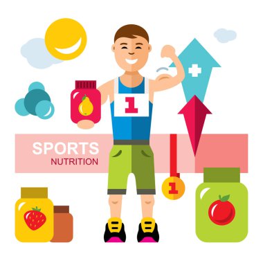 Spor ve beslenme, enerji diyet kavramı vektör. Düz stil renkli karikatür resimde.
