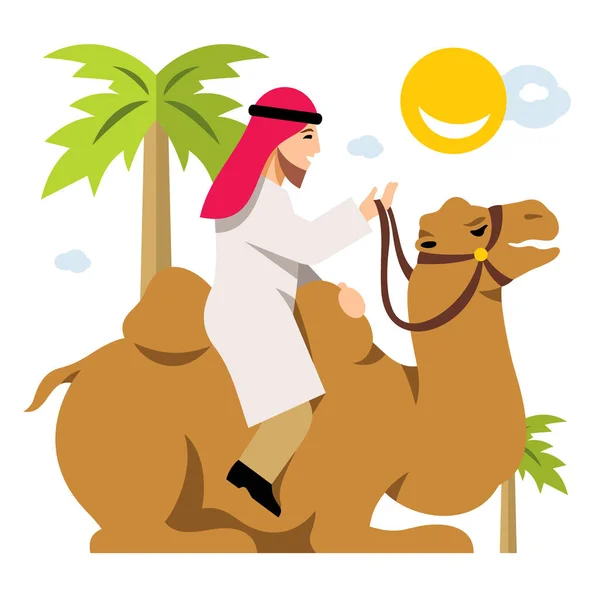 Vector Cameleer árabe. Montar en camello. Estilo plano colorido ilustración de dibujos animados . — Vector de stock