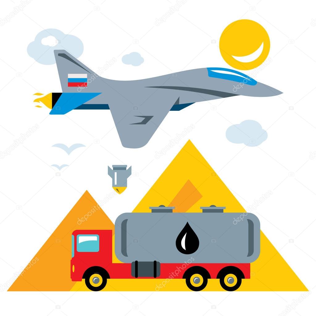 Vector Russian aviation in Syria Abstract Concept. Bombing of trucks with oil. Flat style colorful Cartoon illustration.