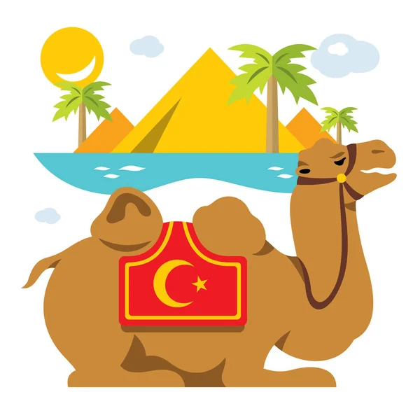 Camello Vector y palmeras en el desierto, oasis. Estilo plano colorido ilustración de dibujos animados . — Vector de stock