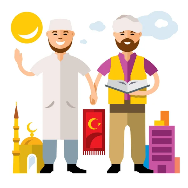 Vector Islam. Orações Islâmicas. Estilo plano colorido Desenhos animados ilustração . — Vetor de Stock