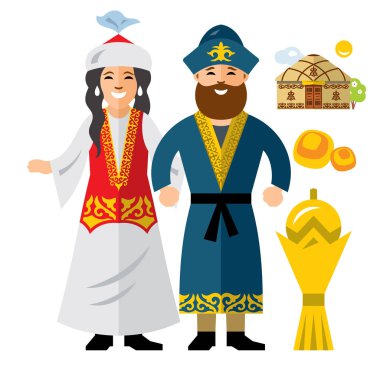 Vektör kazak aile. Tarihsel kıyafetler. Kazakistan. Düz stil renkli karikatür resimde