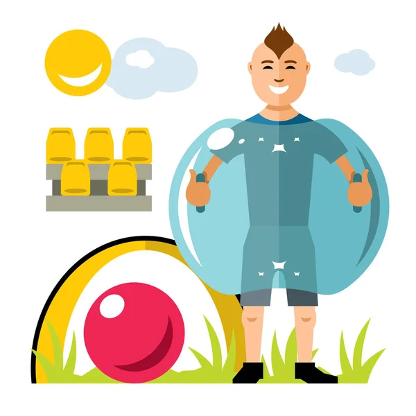 Vector Zorbing soccer. Bumper Ball. Inflatable Zorb. Outdoor Sport game. Flat style colorful Cartoon illustration. — Stock Vector