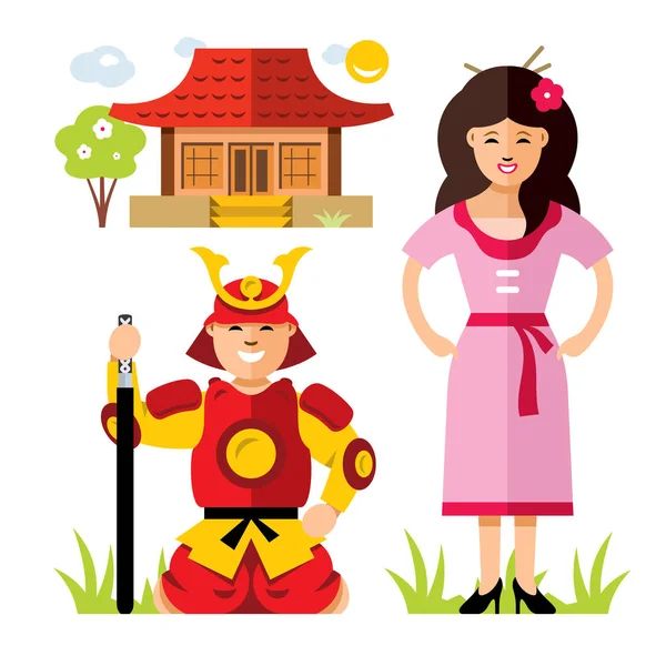 Vector Japan Samurai. Flat style colorful Cartoon illustration. — Stock Vector