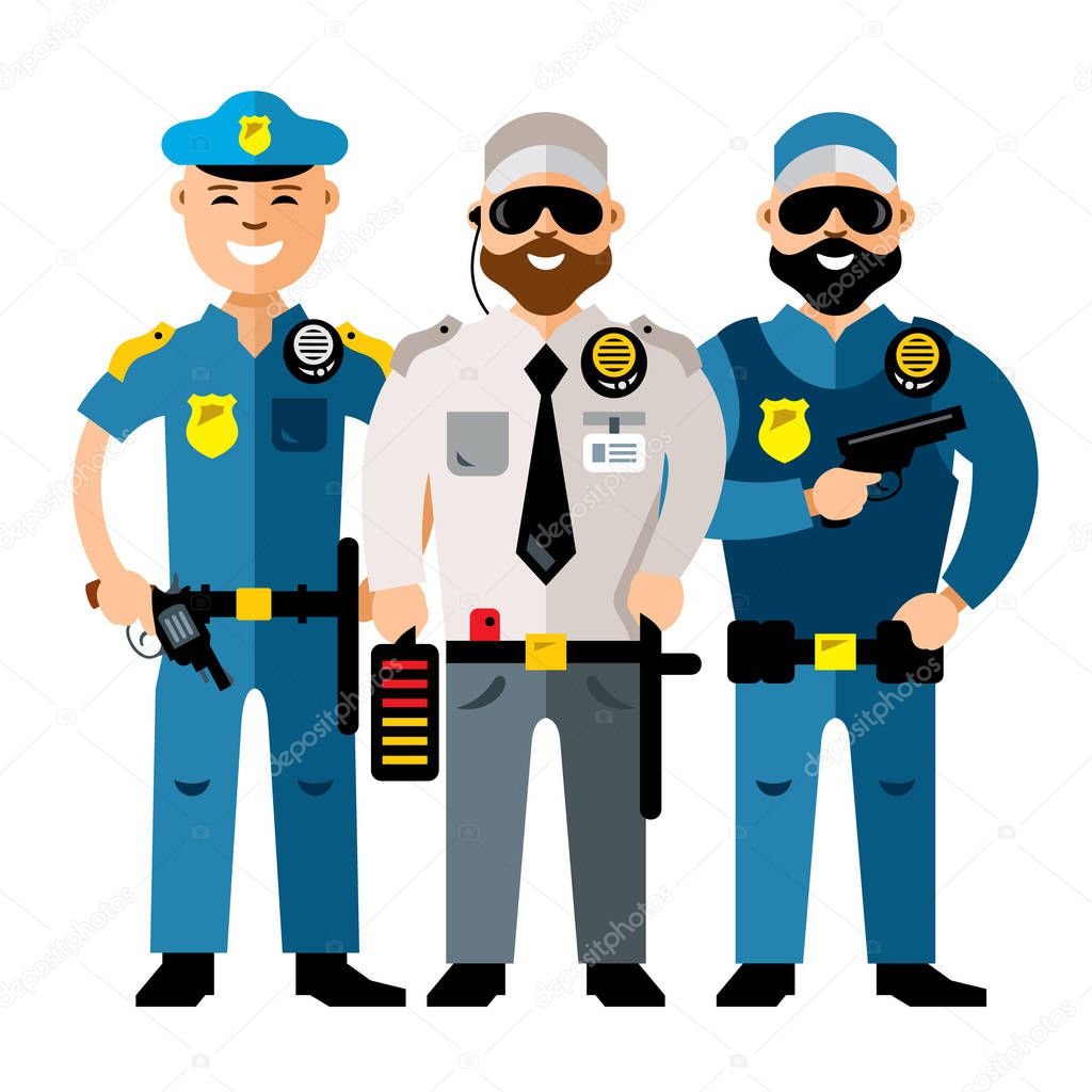 Vector Policeman and Security. Flat style colorful Cartoon illustration.