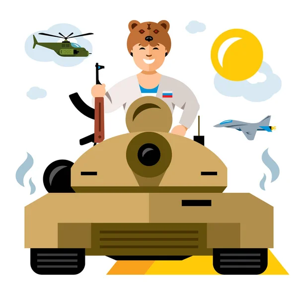 Vector Tankman. Rysk militär armé. Konflikten i Mellanöstern. Platt stil färgglada tecknade illustration. — Stock vektor