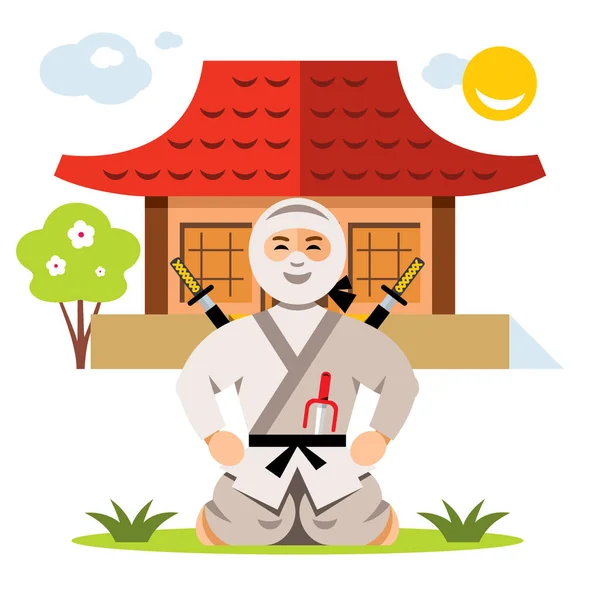 Vector Ninja y dojo. Estilo plano colorido ilustración de dibujos animados . — Vector de stock