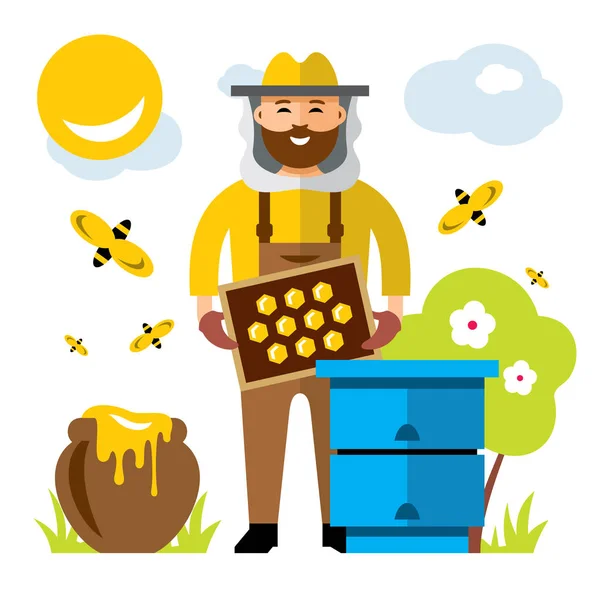 Vektor včelařství včelaře. Plochý barevný kreslený obrázek. — Stockový vektor