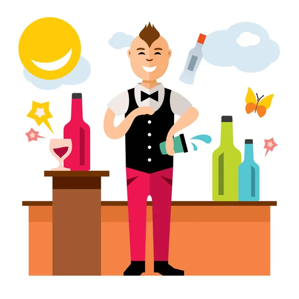 Vector barman jongleur. Virtuoze cocktails aan de bar. Vlakke stijl kleurrijke Cartoon afbeelding. — Stockvector