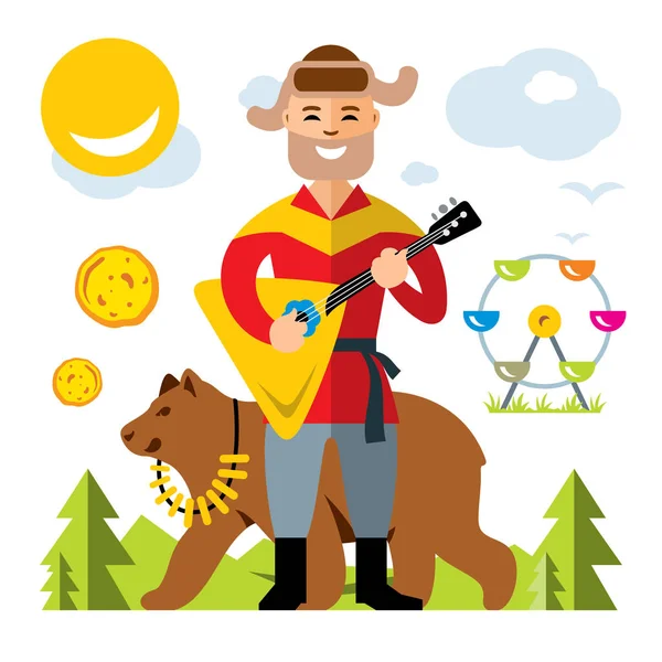 Vector Russian balalaika player. Flat style colorful Cartoon illustration. — Stock Vector