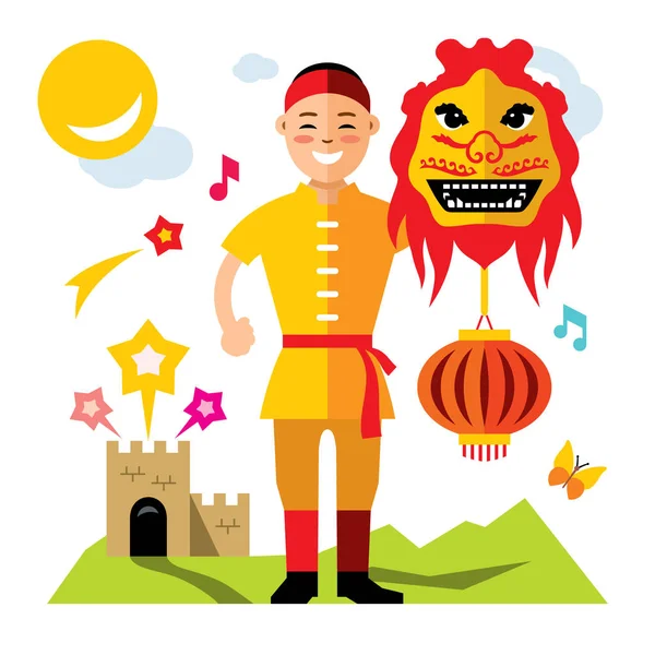 Vector Asian man with Chinese dragon. Flat style colorful Cartoon illustration. — Stock Vector