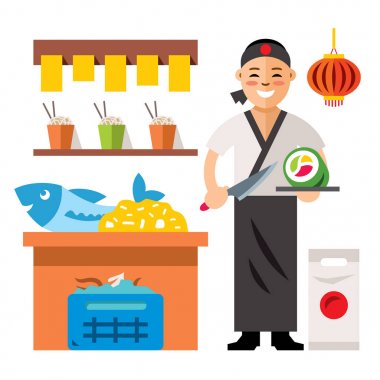 Vektör Sushi Chef. Düz stil renkli karikatür resimde.
