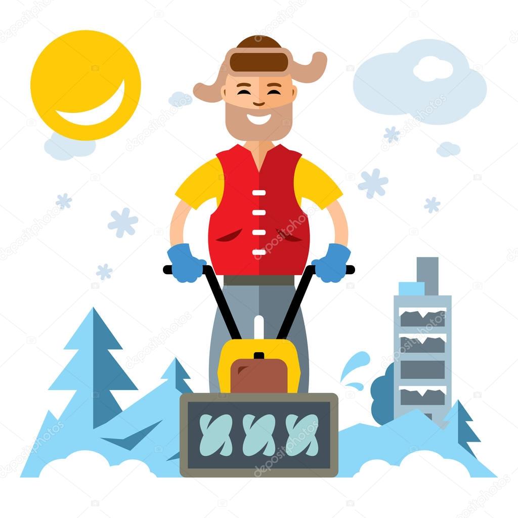 Vector Man with a Snow Blower. Flat style colorful Cartoon illustration.