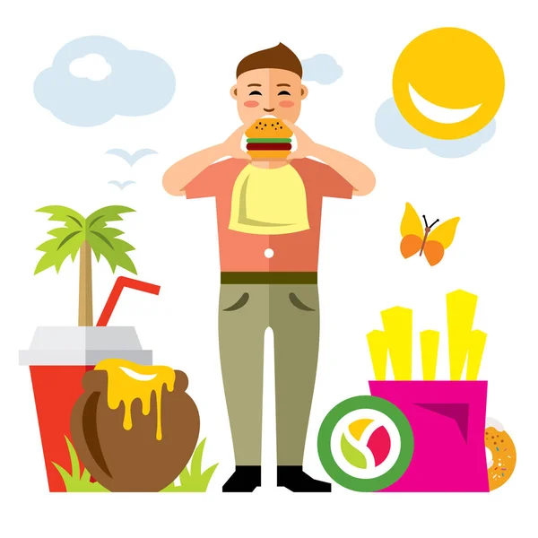 Vector gelukkig hipster man met hamburger. Vlakke stijl kleurrijke Cartoon afbeelding. — Stockvector