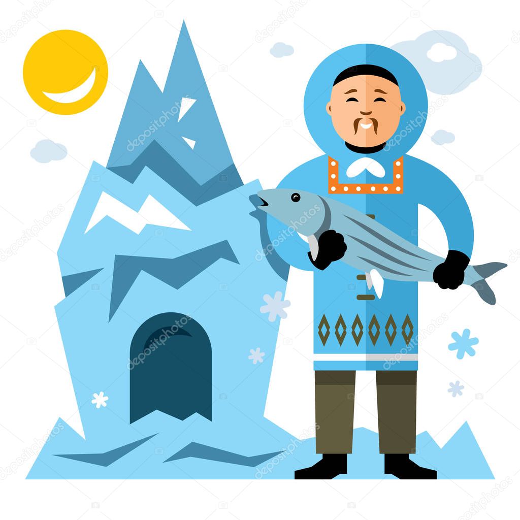 Vector Smiling Eskimo with fish. Flat style colorful Cartoon illustration.