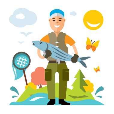 Vektör Balık tutma. Büyük balık ile balıkçı. Düz stil renkli karikatür resimde.