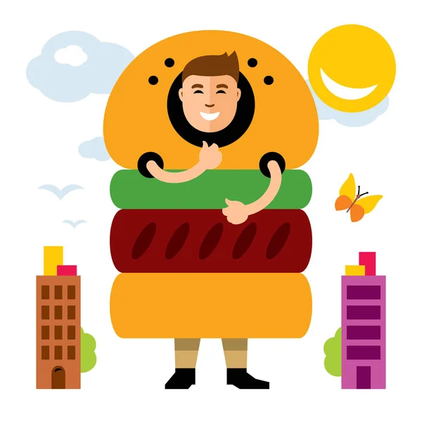 Vector Feliz hombre hipster en hamburguesa. Estilo plano colorido ilustración de dibujos animados . — Archivo Imágenes Vectoriales
