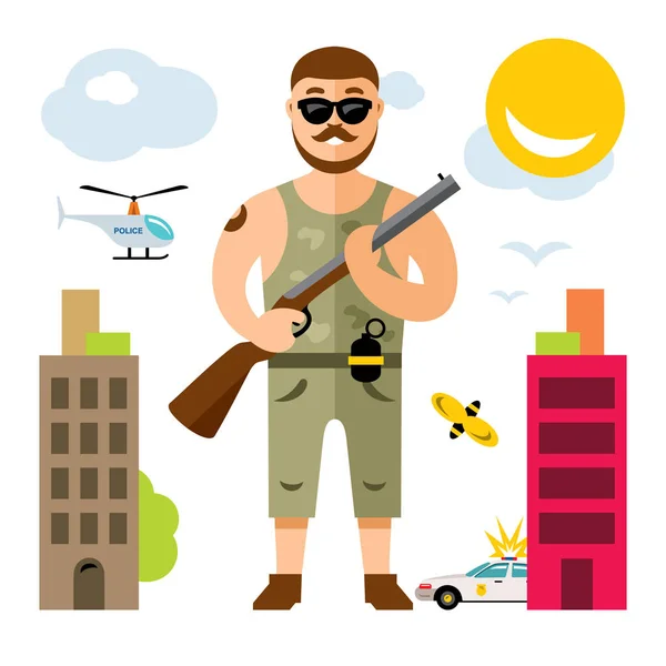 Vector Gunman com espingarda. Estilo plano colorido Desenhos animados ilustração . —  Vetores de Stock