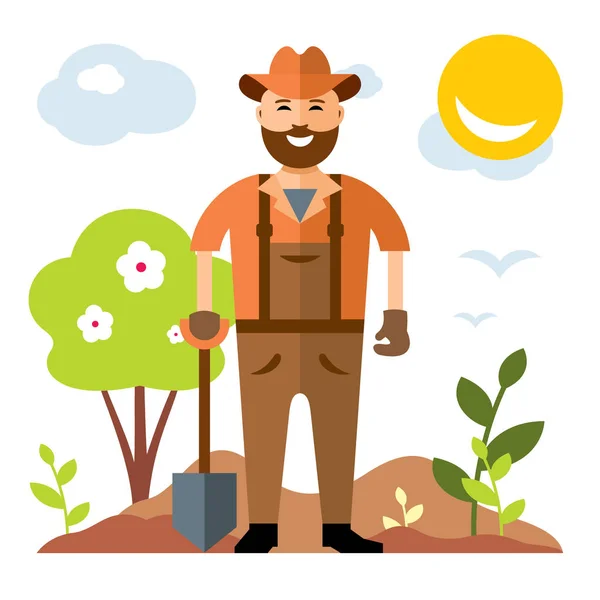 Jardinería vectorial. Hombre con pala. Estilo plano colorido ilustración de dibujos animados . — Vector de stock