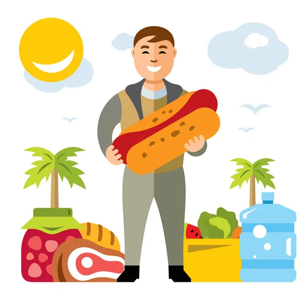 Vector Homme hipster heureux avec hot dog. Illustration de bande dessinée colorée de style plat . — Image vectorielle