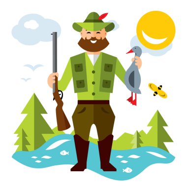 Vektör avcılık ördek. Düz stil renkli karikatür resimde.