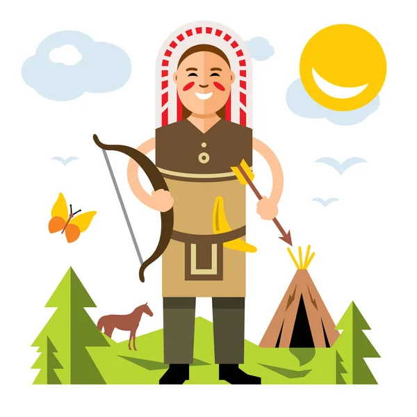 Vektor Indianer mit Pfeil und Bogen. flachen Stil bunte Cartoon-Illustration. — Stockvektor