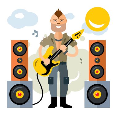 Vektör Rock gitaristi. Düz stil renkli karikatür resimde.