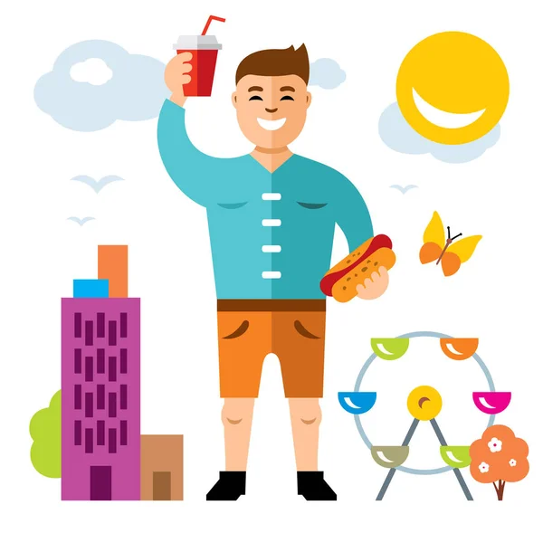 Hipster szczęśliwy wektor człowiek z hot-doga i napój. Płaski kolorowy ilustracja kreskówka. — Wektor stockowy
