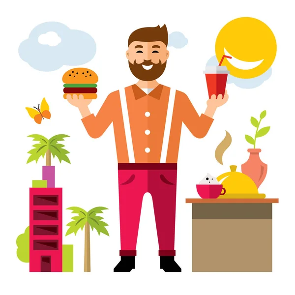 Hipster szczęśliwy wektor człowiek z hamburger i napój. Płaski kolorowy ilustracja kreskówka. — Wektor stockowy