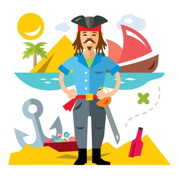 Vector Pirata com Espada. Estilo plano colorido Desenhos animados ilustração . — Vetor de Stock