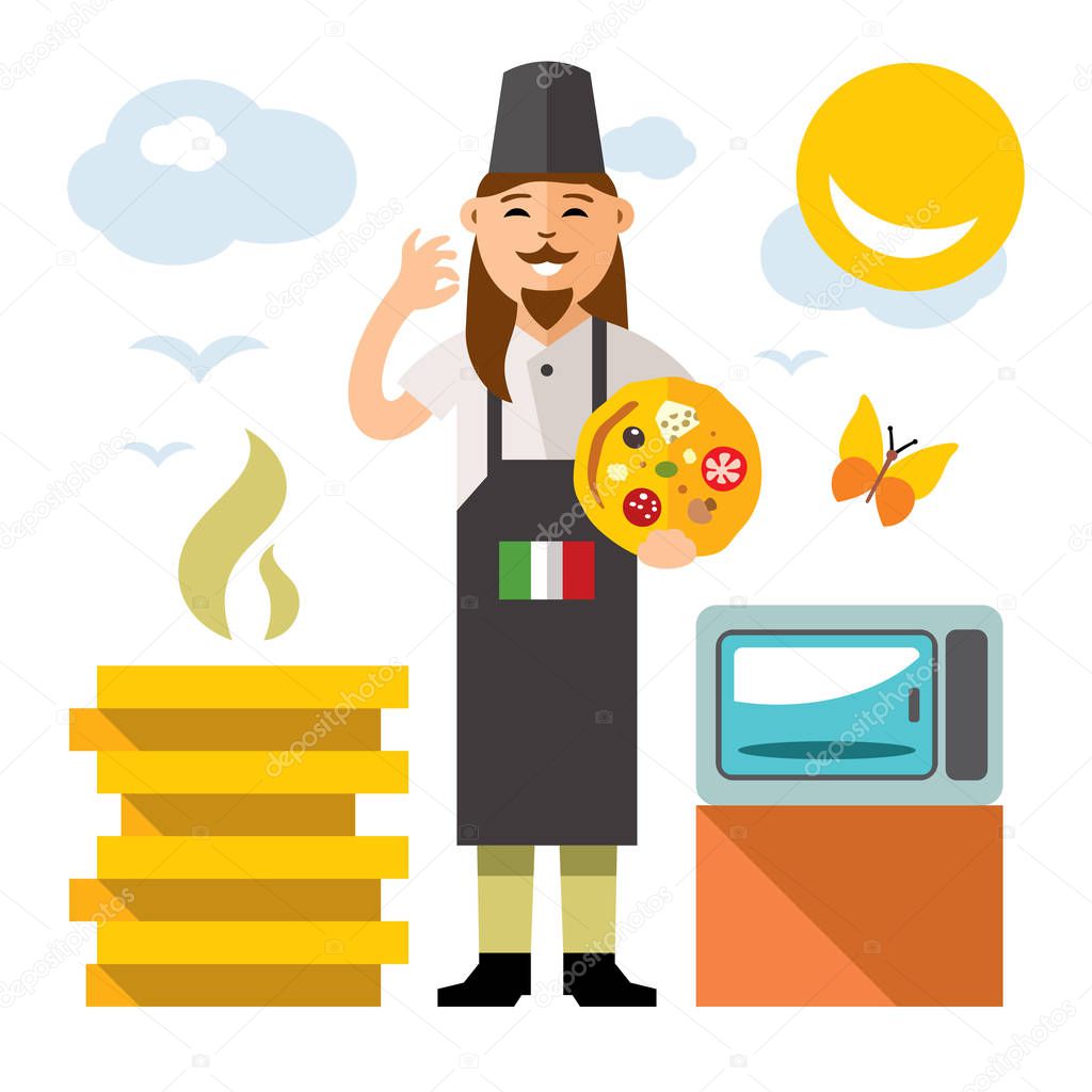 Vector Cook pizza. Flat style colorful Cartoon illustration.