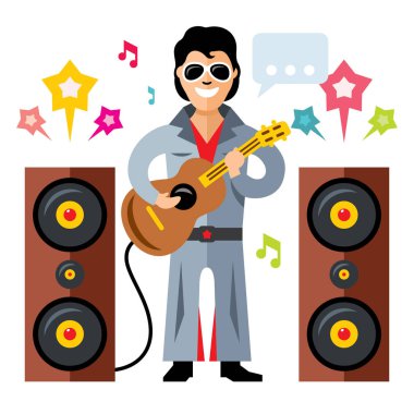 Vektör müzisyen parodi sanatçı bir gitar ile. Rock and roll. Düz stil renkli karikatür resimde.