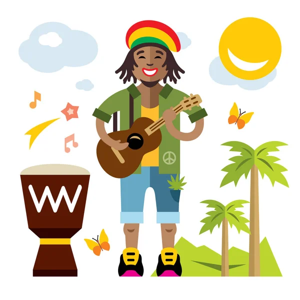 Vettore Rastafariano. Reggae Artist. Stile piatto colorato illustrazione del fumetto . — Vettoriale Stock