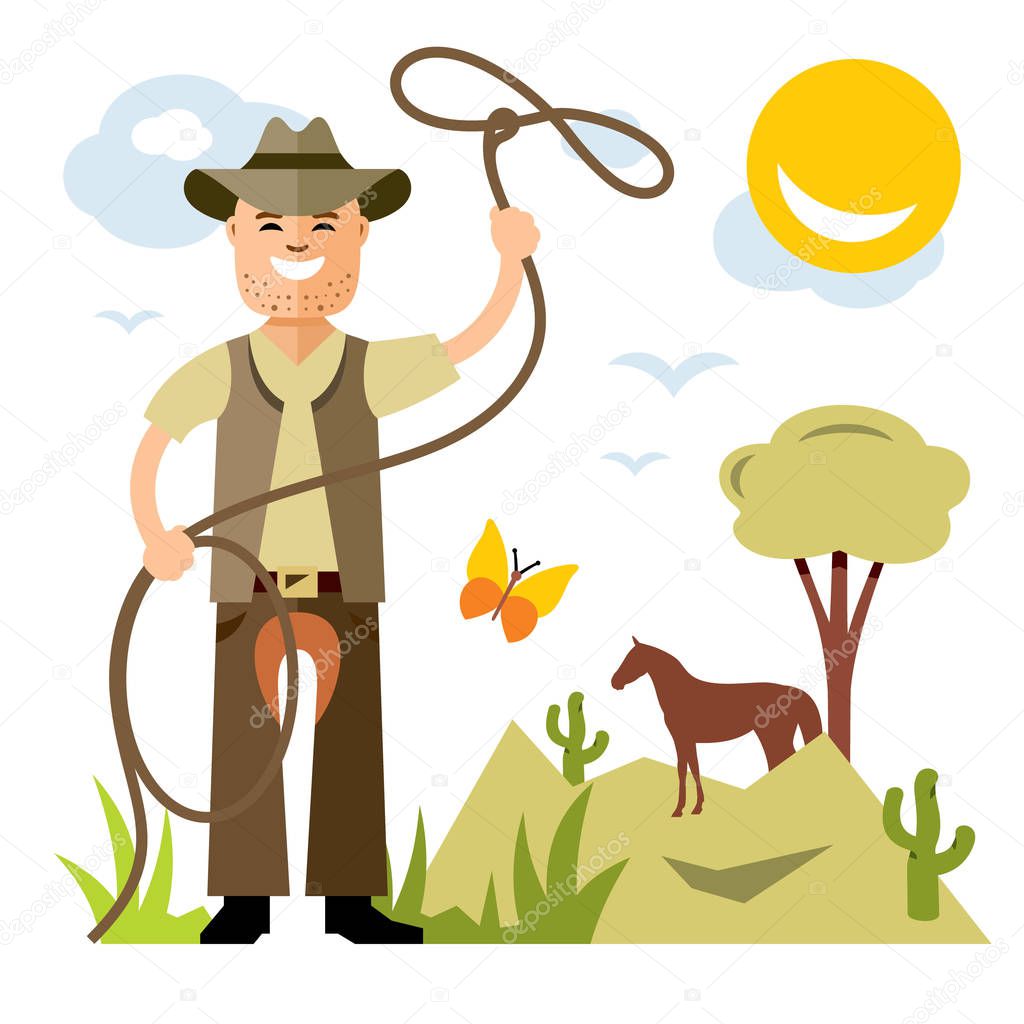 Vector Cowboy with lasso. Flat style colorful Cartoon illustration.
