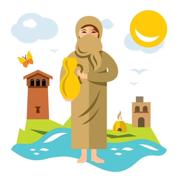 Vektör sürahi su Müslüman kadınla. Düz stil renkli karikatür resimde. — Stok Vektör