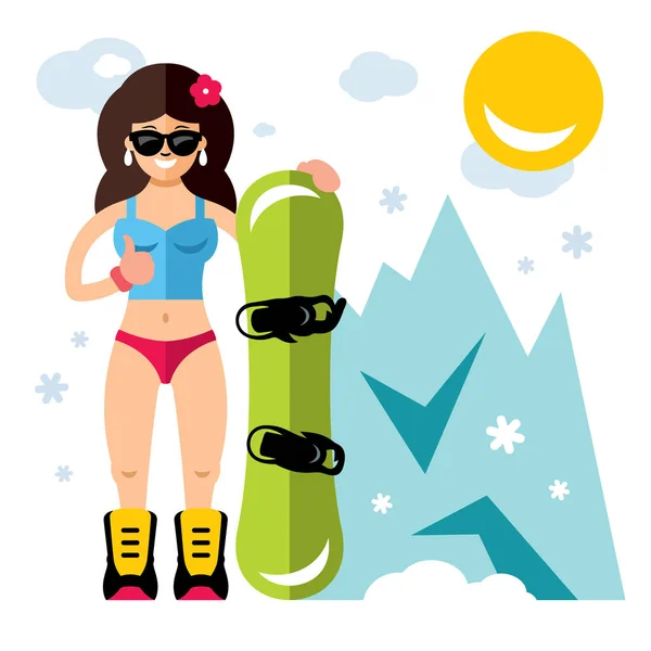 Vector Chica con snowboard. Snowboard. Estilo plano colorido ilustración de dibujos animados . — Archivo Imágenes Vectoriales