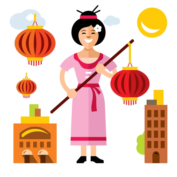 Vector mujer asiática con linterna. Estilo plano colorido ilustración de dibujos animados . — Vector de stock