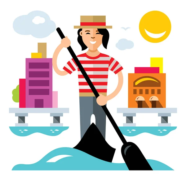 Vector Venice gondola, gondolier rowing oar. Flat style colorful Cartoon illustration. — Stock Vector