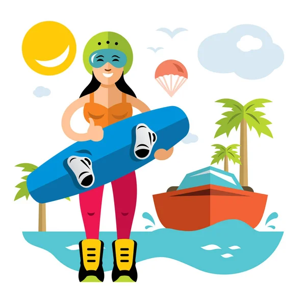 Vector wakeboarden vrouw. Vlakke stijl kleurrijke Cartoon afbeelding. — Stockvector