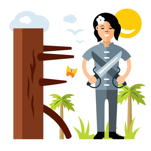 Vector Wing Chun kung fu Girl with two swords, wooden dummy. Flat style colorful Cartoon illustration. — Stock Vector