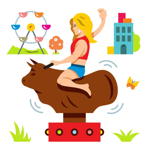 Vector Bull Ride. Simulateur de rodéo. Illustration de bande dessinée . — Image vectorielle