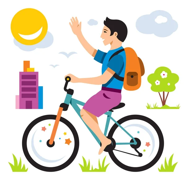 Vektor Junge auf dem Fahrrad. flachen Stil bunte Cartoon-Illustration. — Stockvektor