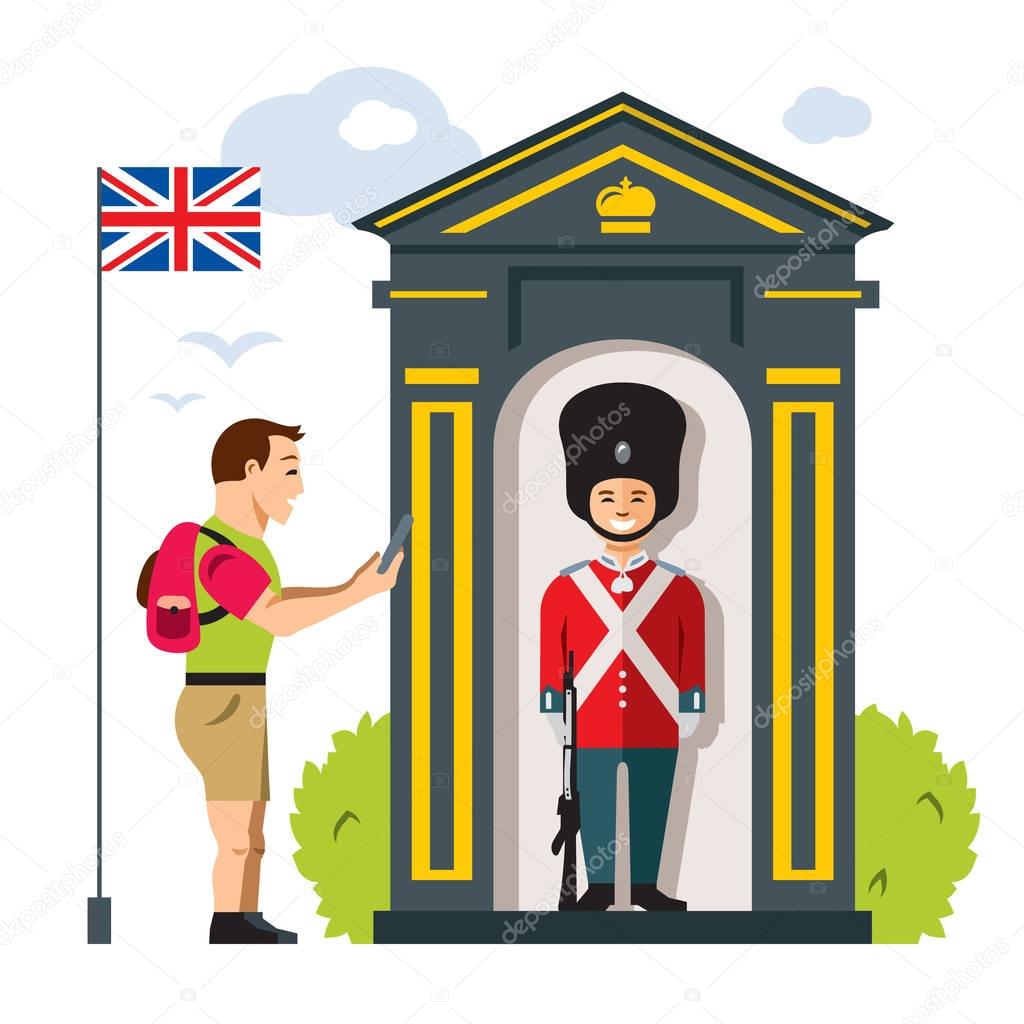 Vector British guardsman and tourist. Flat style colorful Cartoon illustration.