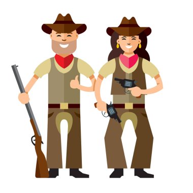 Tüfek ile vektör Cowboys. Düz stil renkli karikatür resimde.