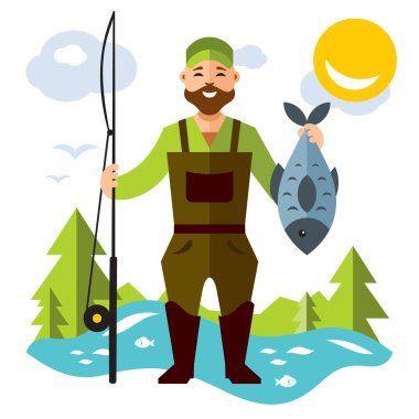 Vektör Balık tutma. Büyük balık ile balıkçı. Düz stil renkli karikatür resimde.