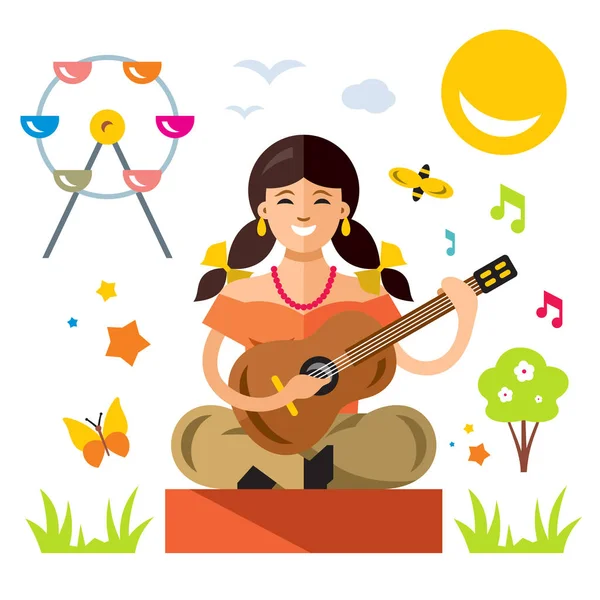 Une fille avec une guitare. Illustration de dessin animé vectoriel coloré de style plat . — Image vectorielle