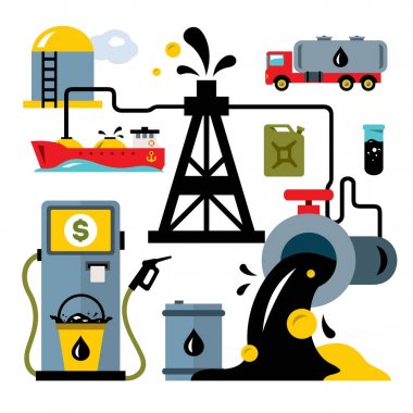 Vektör petrol endüstrisi. Teslimat araçlar. Düz stil renkli karikatür resimde.