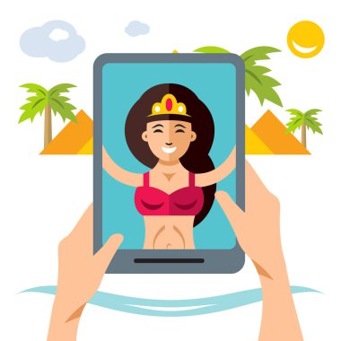 Vektör Selfie kız. Düz stil renkli karikatür resimde.