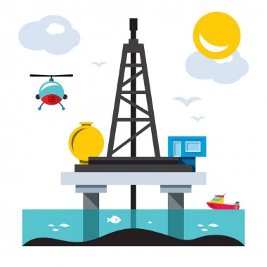 Offshore sondaj platformu. Vektör düz stil renkli karikatür çizim.