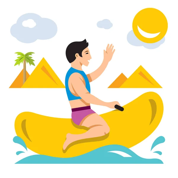 Vector Bot ride a Banana Boat. Flat style colorful Cartoon illustration. — Stock Vector